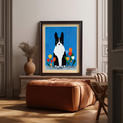 Art print of the black and white dog with tulips in a black frame hanging above a large brown leather ottoman in a modern room with wood floors and decorative moldings.