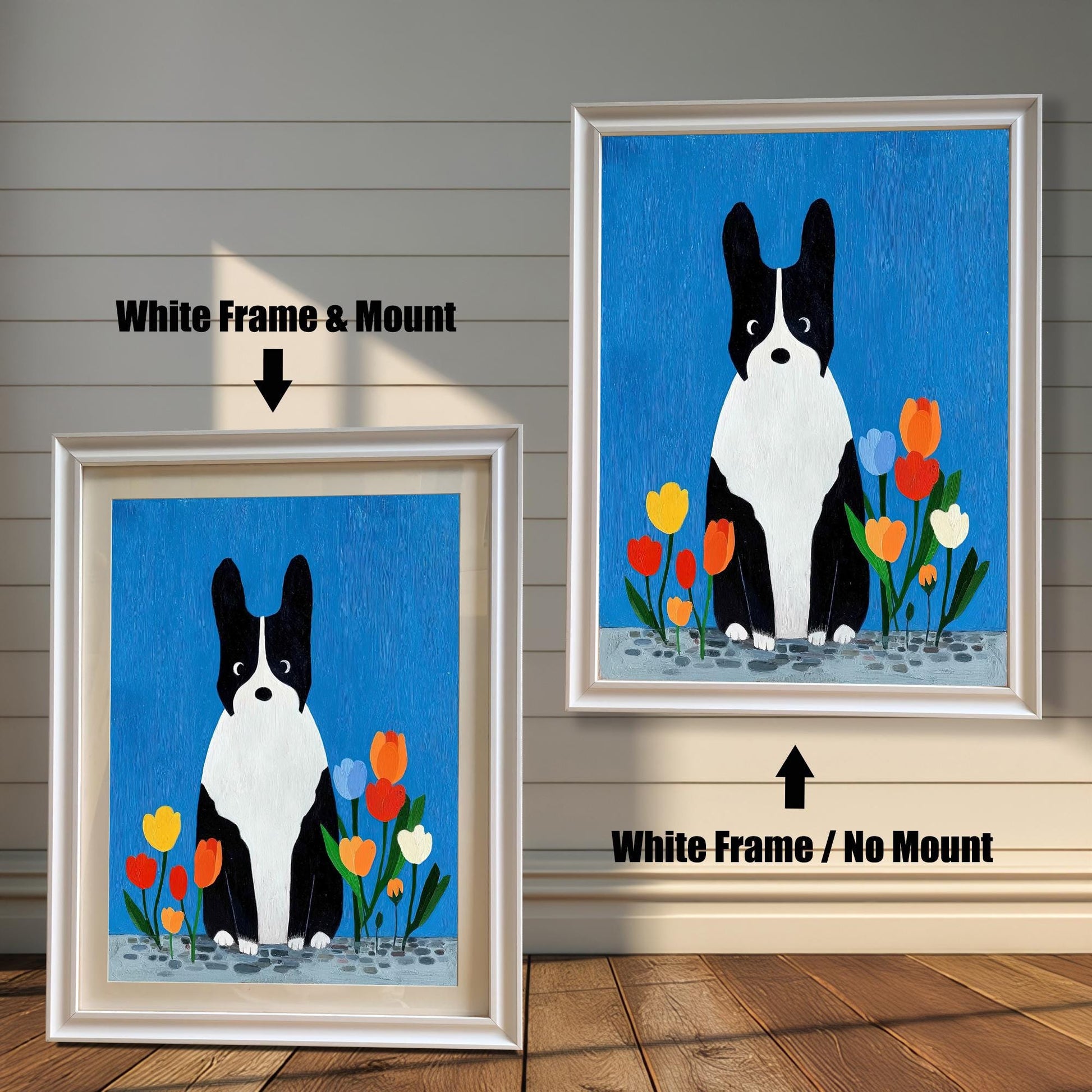 Comparison image of the dog art print in a White Frame. The left shows "White Frame & Mount" (with matting), and the right shows "White Frame / No Mount" (full-bleed art).