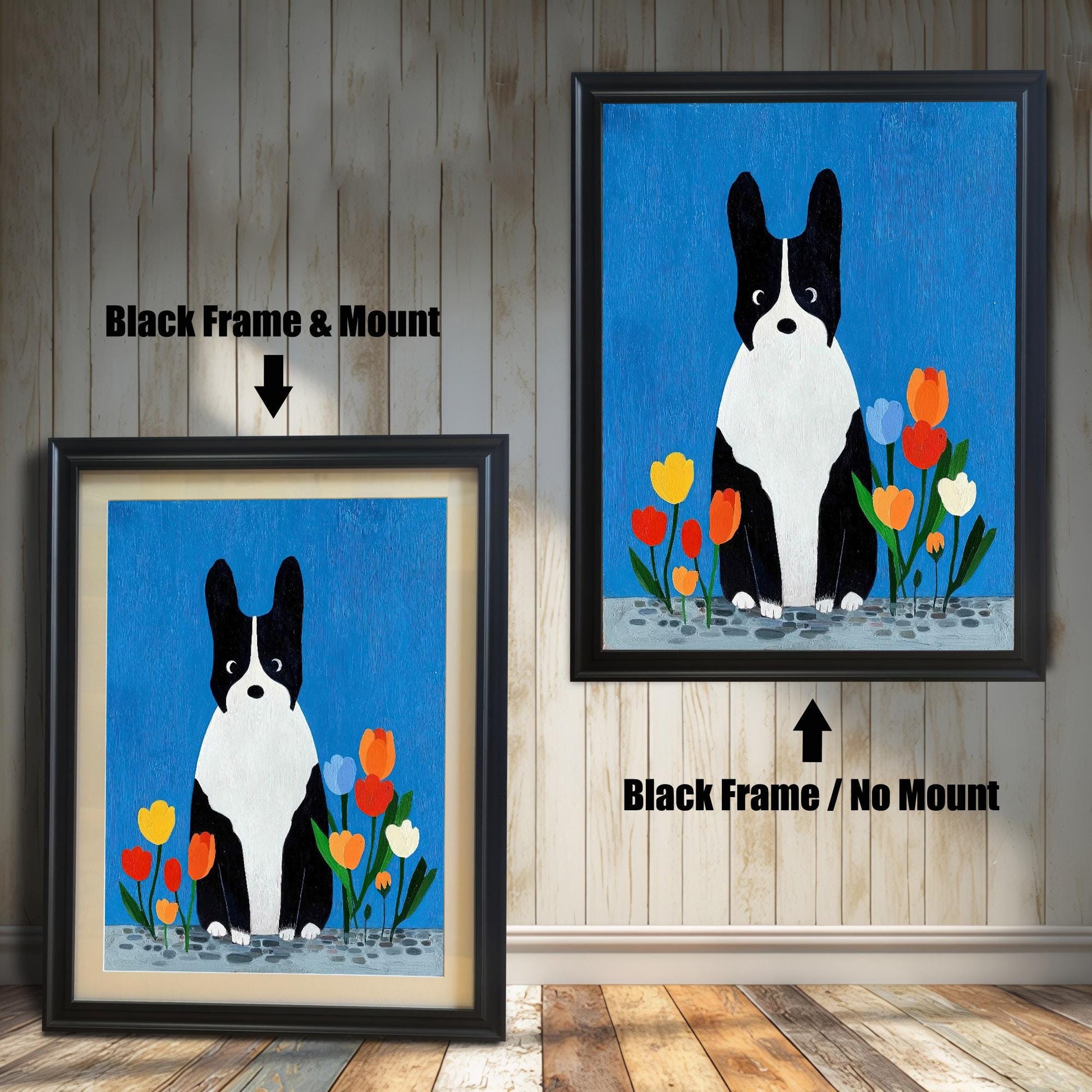 Comparison image of the dog art print in a Black Frame. The left shows "Black Frame & Mount" (with matting and a light-colored mount/mat), and the right shows "Black Frame / No Mount" (full-bleed art).