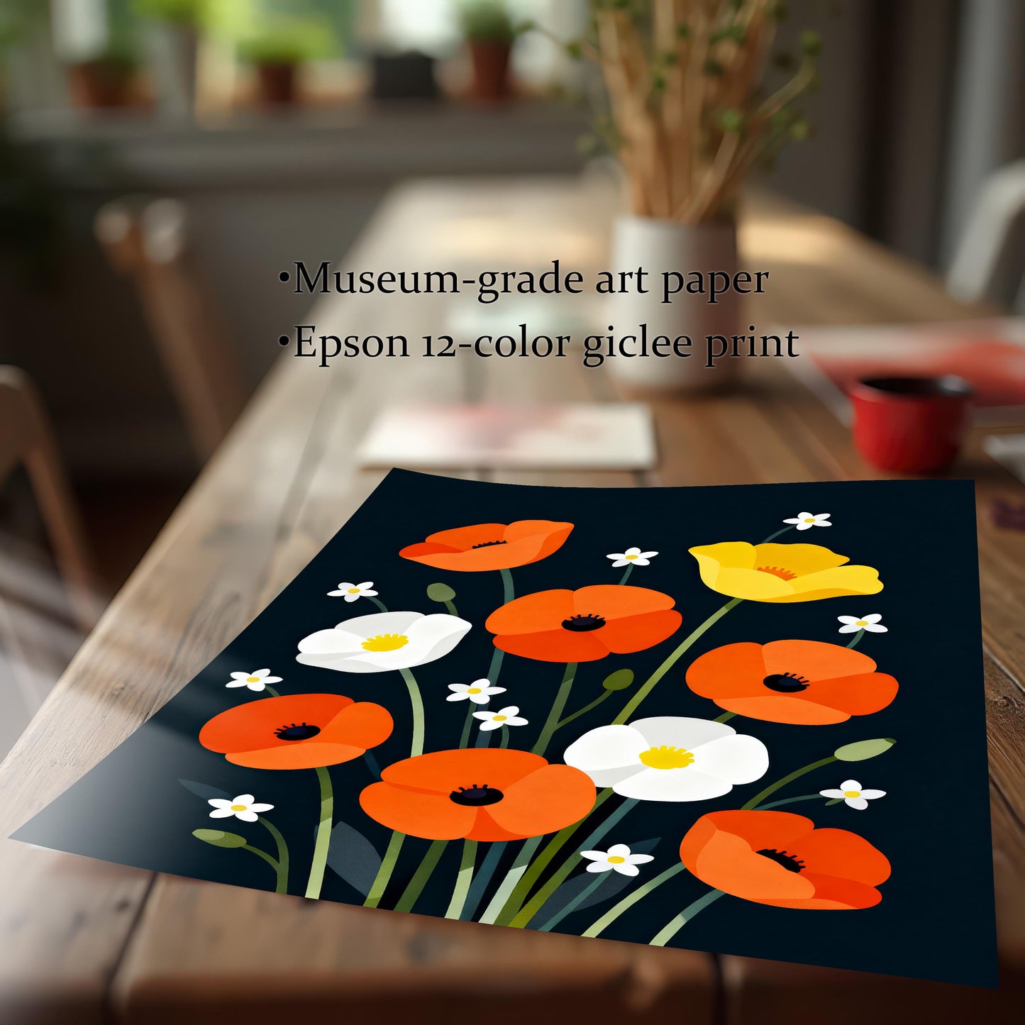 A close-up, angled shot of the print lying on a wooden table, showing the vibrant colors of the poppies. Text highlights the quality: Museum-grade art paper and Epson 12-color giclee print.