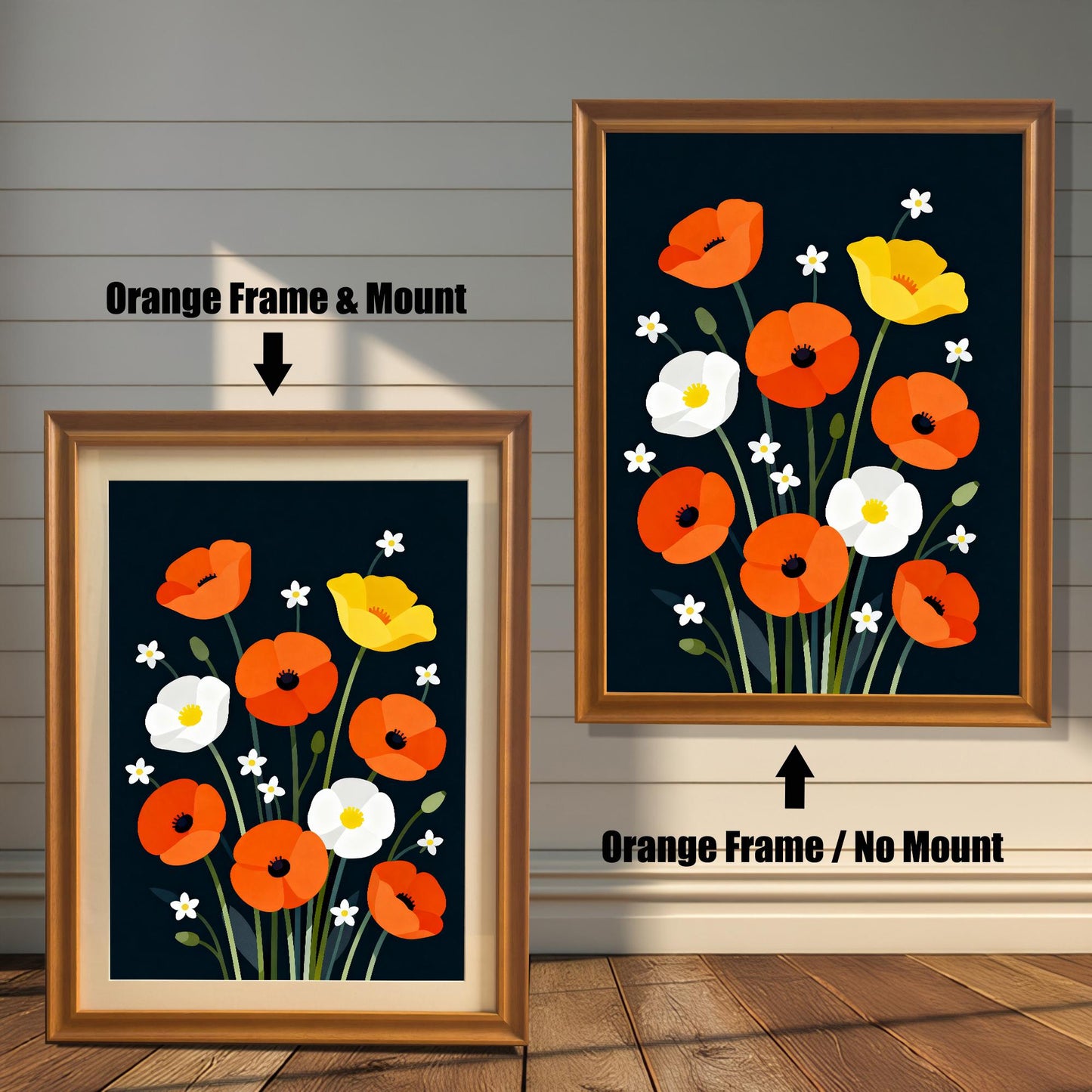 Comparison image showing the poppy print in an Orange Frame & Mount (left) and an Orange Frame / No Mount (right) against a white shiplap wall.