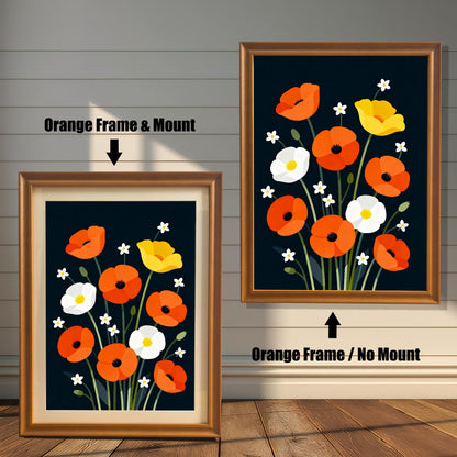 Comparison image showing the poppy print in an Orange Frame & Mount (left) and an Orange Frame / No Mount (right) against a white shiplap wall.