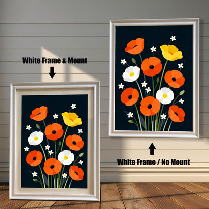 Comparison image showing the poppy print in a White Frame & Mount (left) and a White Frame / No Mount (right) against a white shiplap wall.