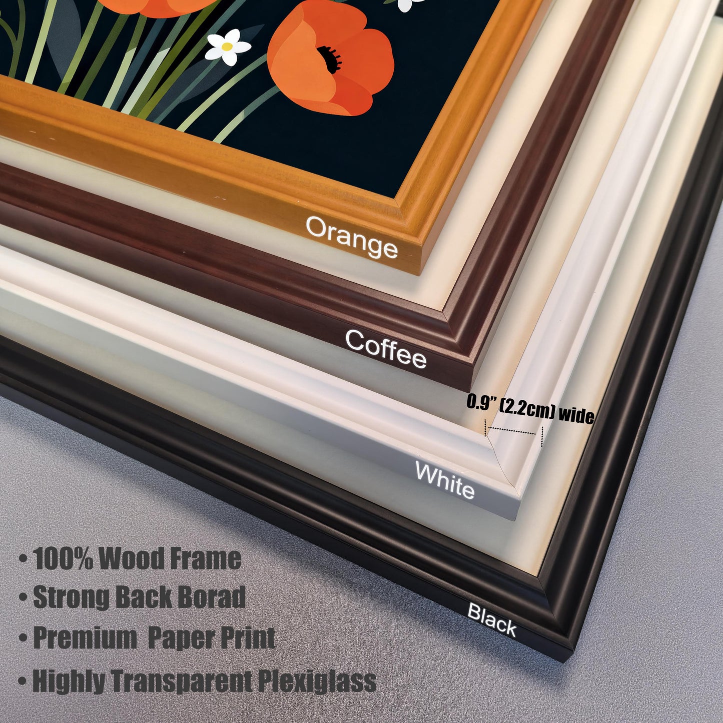 Stacked close-up view of four frame corners with labels for color: Orange, Coffee, White, and Black. The frame width is noted as 0.9 inches (2.2 cm). Bullet points list features: 100% Wood Frame, Strong Back Board, Premium Paper Print, and Highly Transparent Plexiglass.