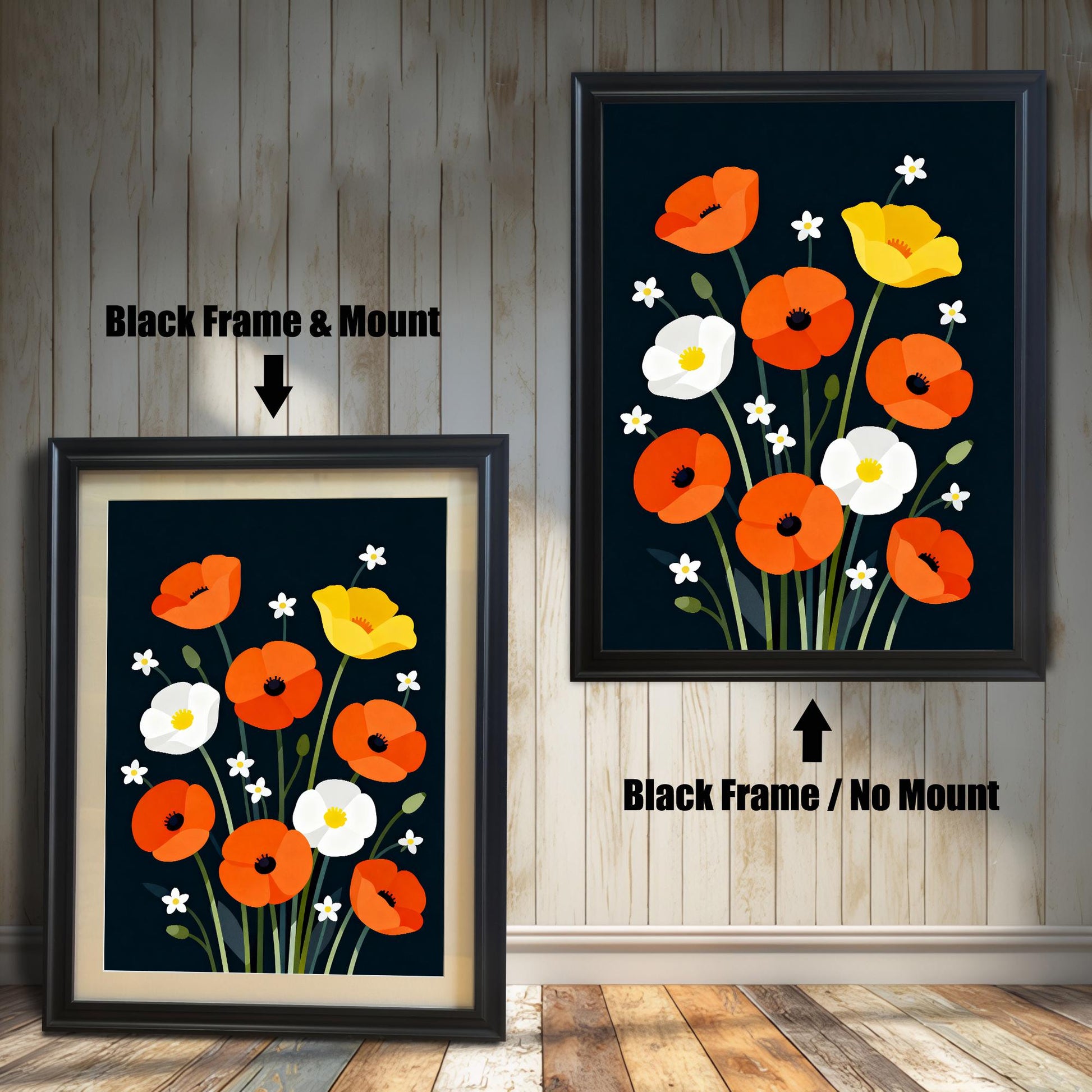 Comparison image showing the poppy print in a Black Frame & Mount (left) and a Black Frame / No Mount (right) against a white shiplap wall.