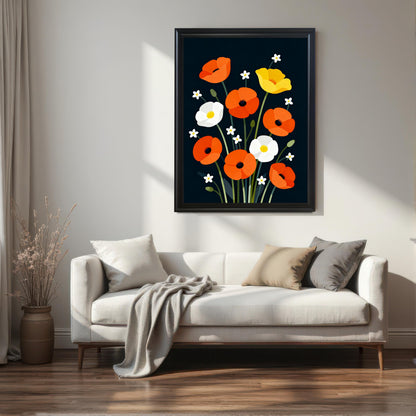The poppy art print is hanging above a white sofa. The print is in a thick black frame against a light wall, with soft light streaming in from the left. A vase with dried flowers stands on the floor next to the couch.