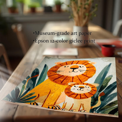 A close-up, angled shot of the print lying on a wooden table, showing the textured, painting-like details of the lion and cub art. Text highlights the quality: Museum-grade art paper and Epson 12-color giclee print.