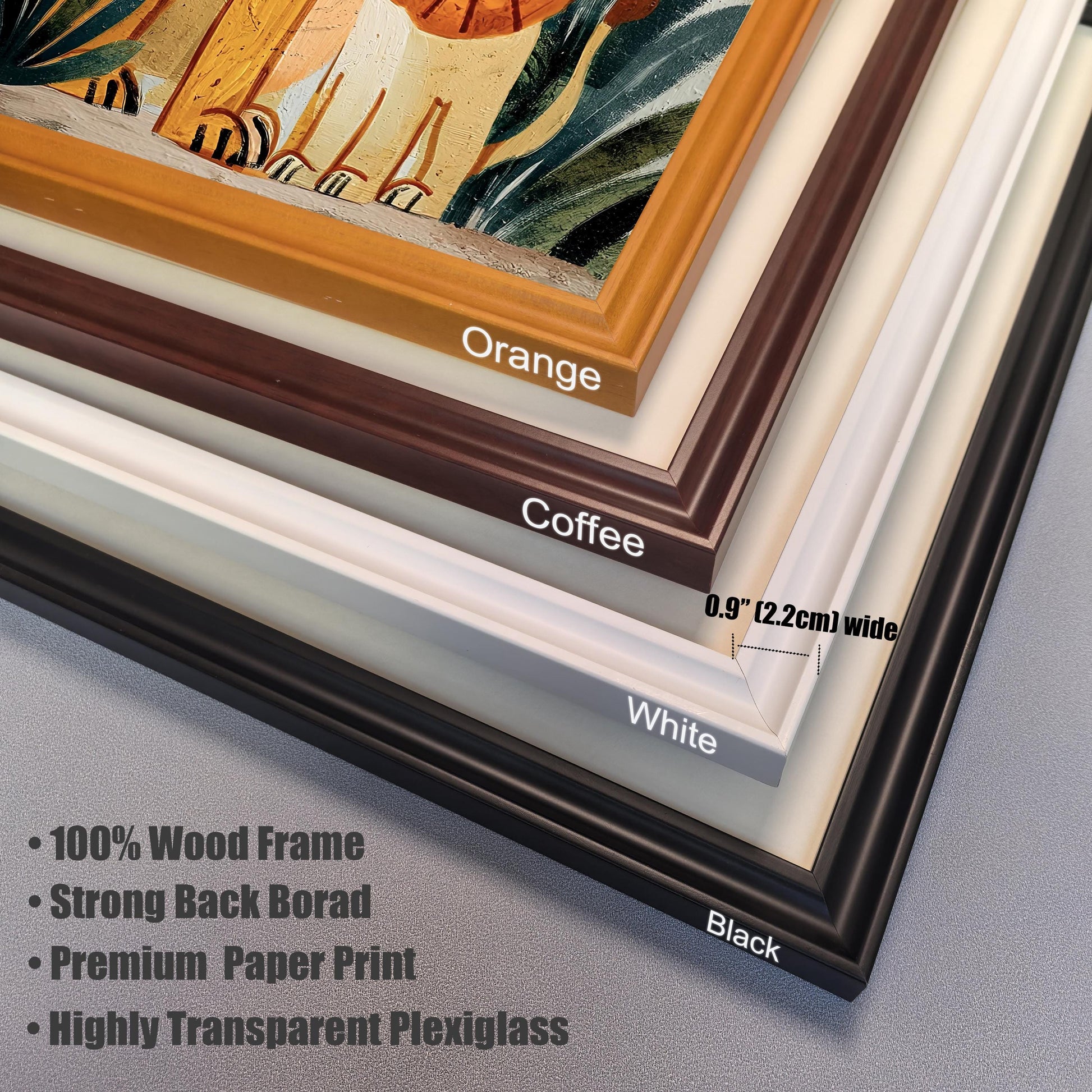 Stacked close-up view of four frame corners with labels for color: Orange, Coffee, White, and Black. The frame width is noted as 0.9 inches (2.2 cm). Bullet points list features: 100% Wood Frame, Strong Back Board, Premium Paper Print, and Highly Transparent Plexiglass.