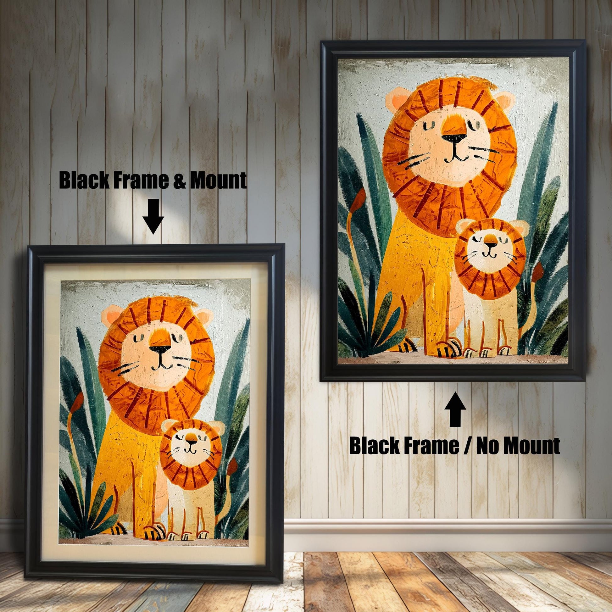 Comparison image showing the lion and cub print in a Black Frame & Mount (left) and a Black Frame / No Mount (right) against a white shiplap wall.