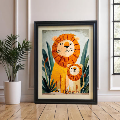 A framed art print of a lion and cub sitting in jungle foliage, painted in a textured, cartoonish style. The print is displayed in a large, thick black frame with a light mat (mount), leaning against a white wainscoted wall on a wooden floor next to a potted houseplant.