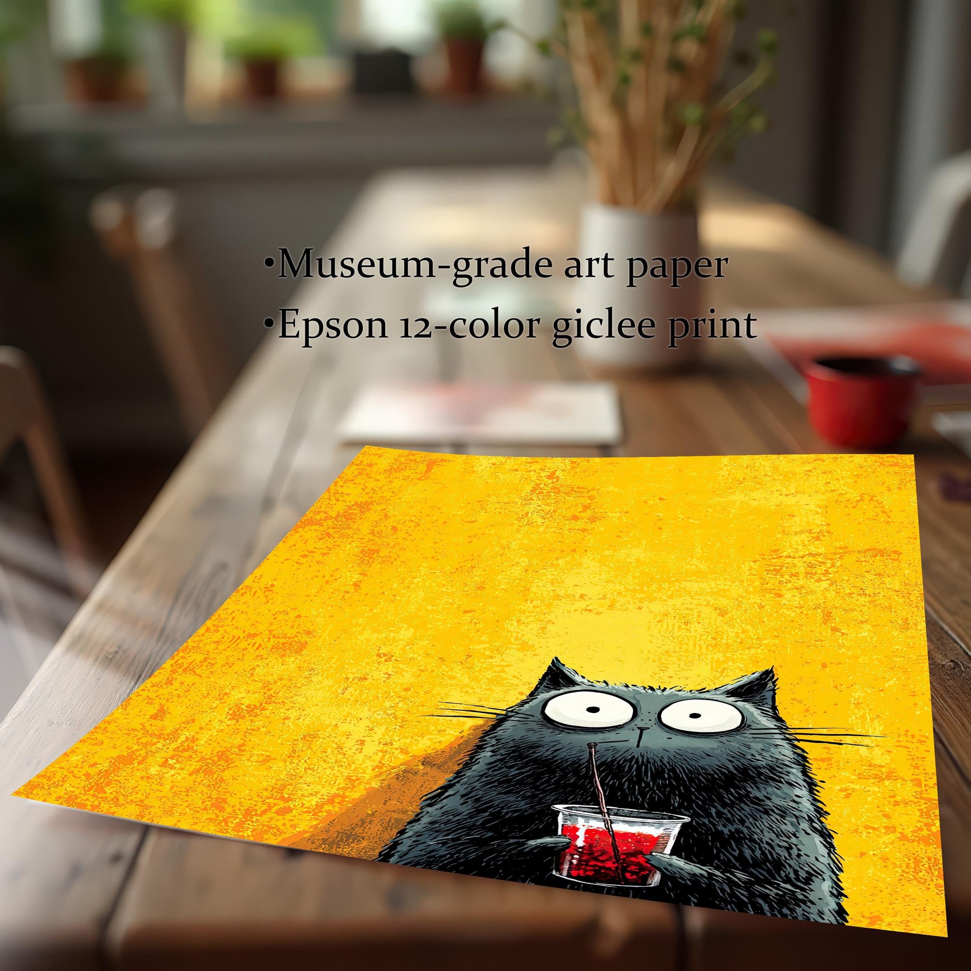 A close-up, angled shot of the print lying on a wooden table, showing the texture of the print. Text highlights the quality: Museum-grade art paper and Epson 12-color giclee print.