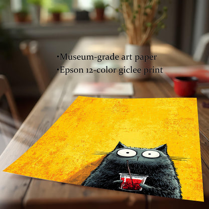 A close-up, angled shot of the print lying on a wooden table, showing the texture of the print. Text highlights the quality: Museum-grade art paper and Epson 12-color giclee print.