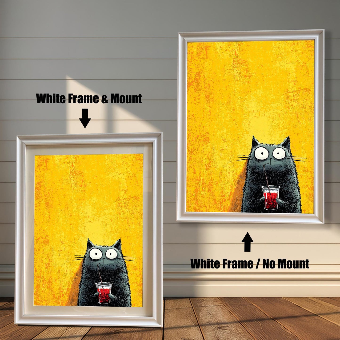 Comparison image showing the cat print in a White Frame & Mount (left) and a White Frame / No Mount (right) against a white shiplap wall.