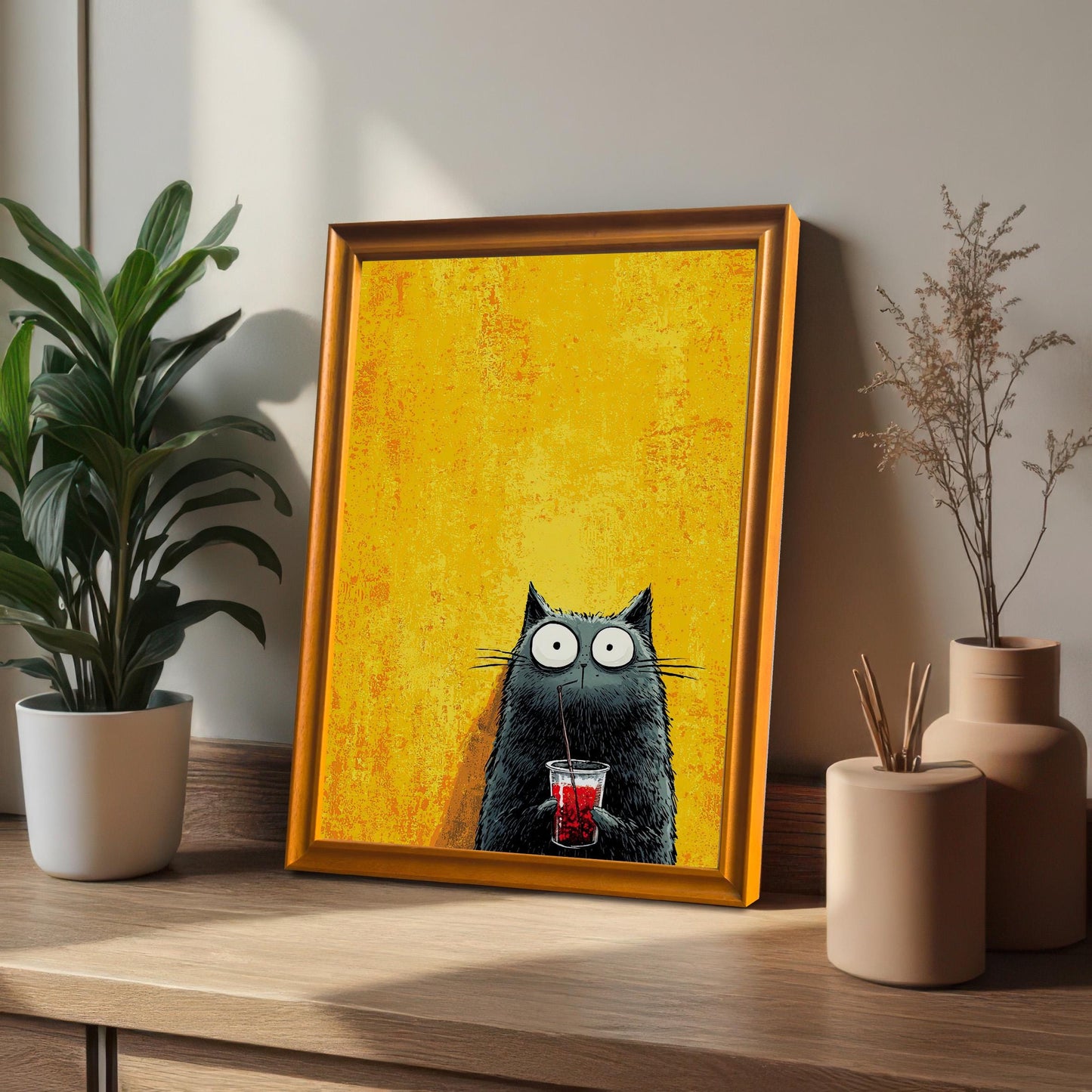 Close-up of a framed print featuring a cartoonish black cat with wide eyes drinking a red beverage through a straw, set against a bright yellow, textured background. The print is in a gold-colored frame, leaning against a wall on a wooden surface next to indoor plants and neutral-toned vases.