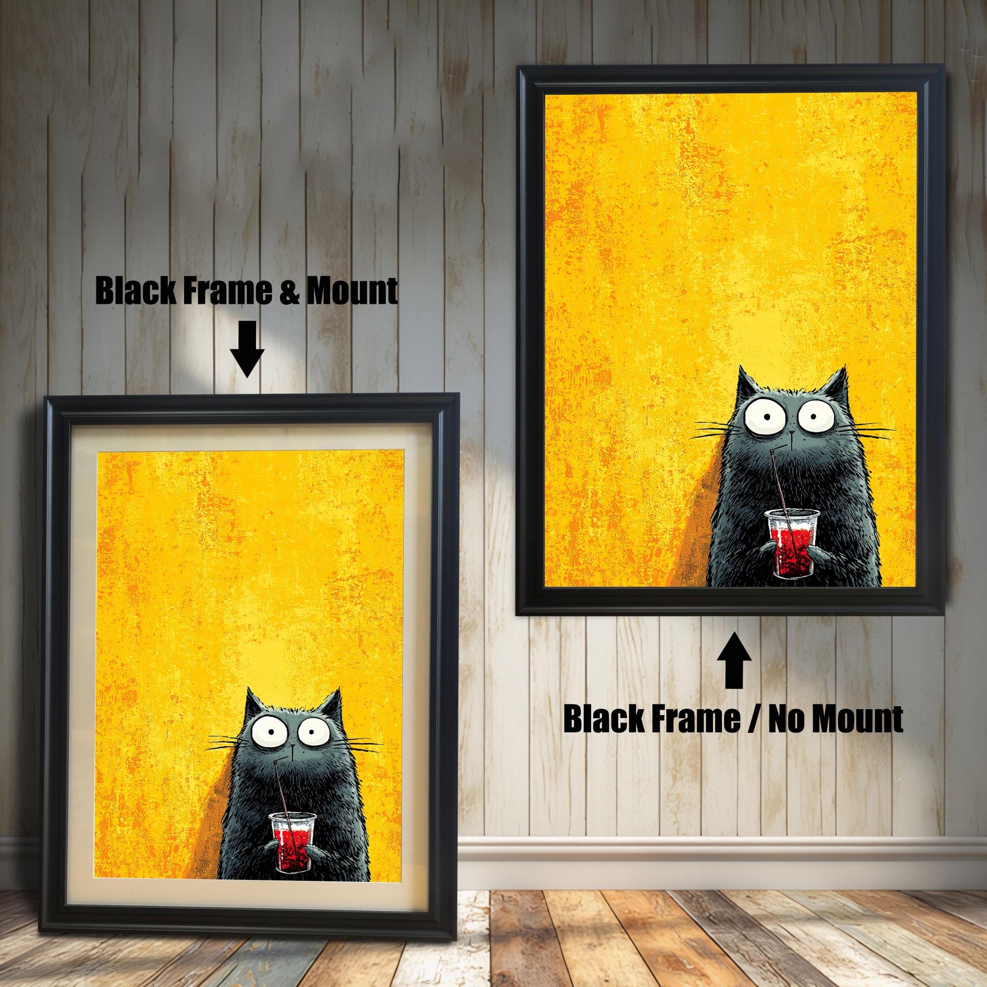 Comparison image showing the cat print in a Black Frame & Mount (left) and a Black Frame / No Mount (right) against a white shiplap wall.