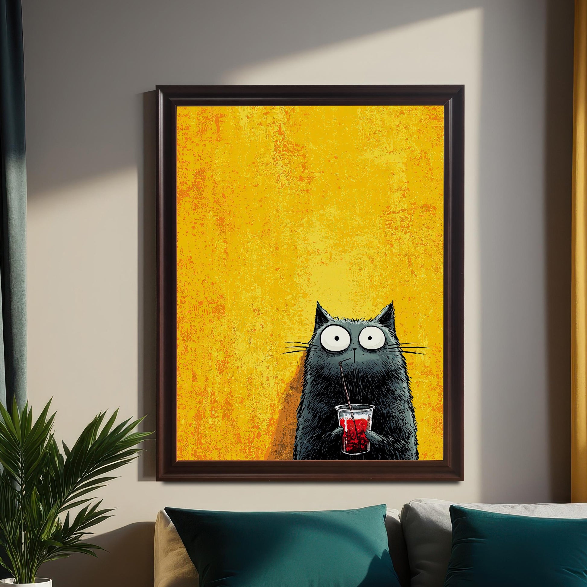 The framed black cat print with the yellow background, set in a dark brown (coffee or black) frame, is hanging above a bed with teal and gray pillows. The wall is neutral-toned, with dark teal and yellow curtains on either side. A potted plant sits on a small side table to the left.