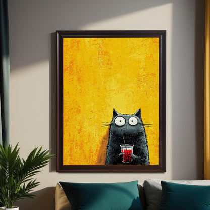 The framed black cat print with the yellow background, set in a dark brown (coffee or black) frame, is hanging above a bed with teal and gray pillows. The wall is neutral-toned, with dark teal and yellow curtains on either side. A potted plant sits on a small side table to the left.