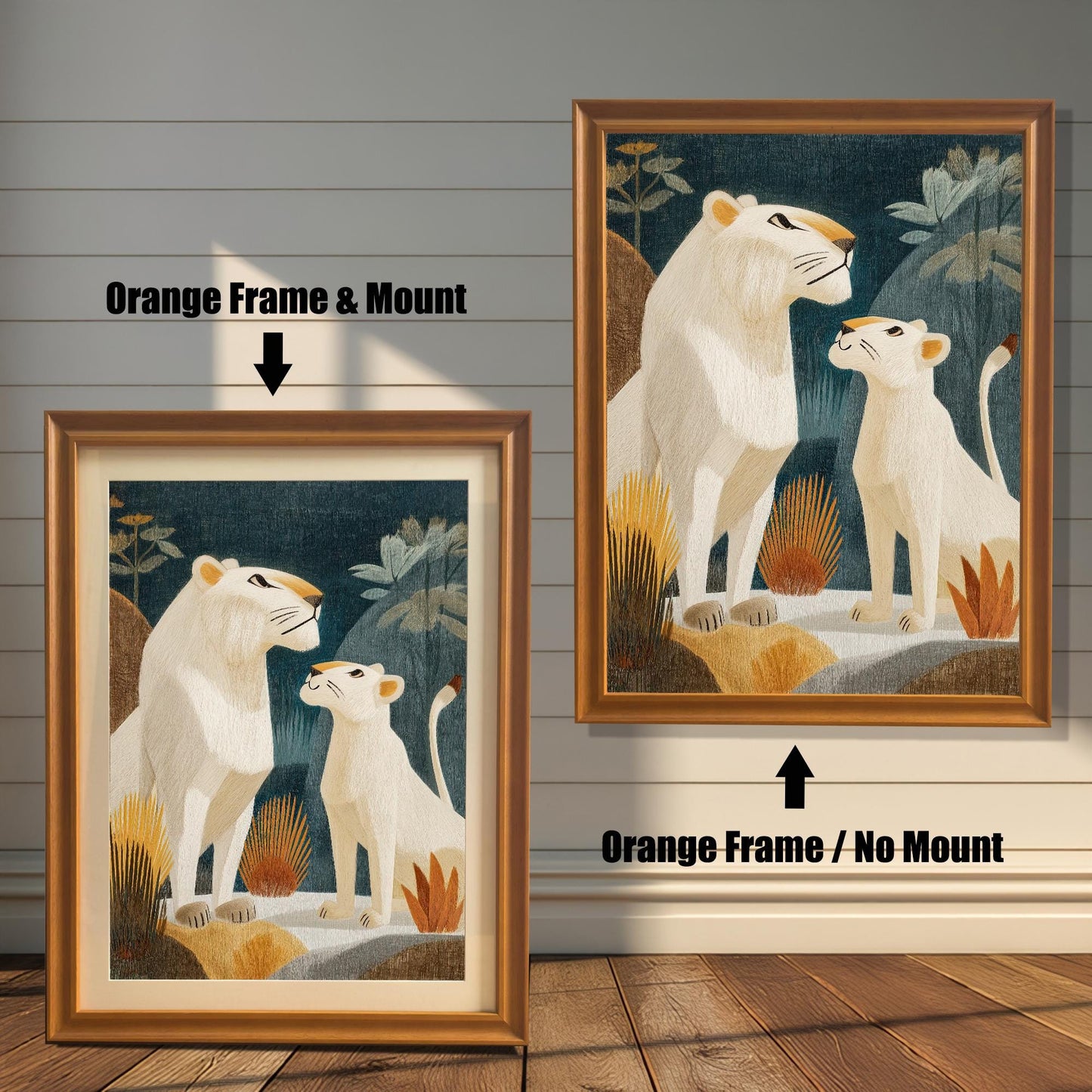 Two versions of the framed lion print against a distressed white wood background: one on the left in an Orange Frame & Mount (with a light-colored border), and one on the right in an Orange Frame / No Mount (without a border).