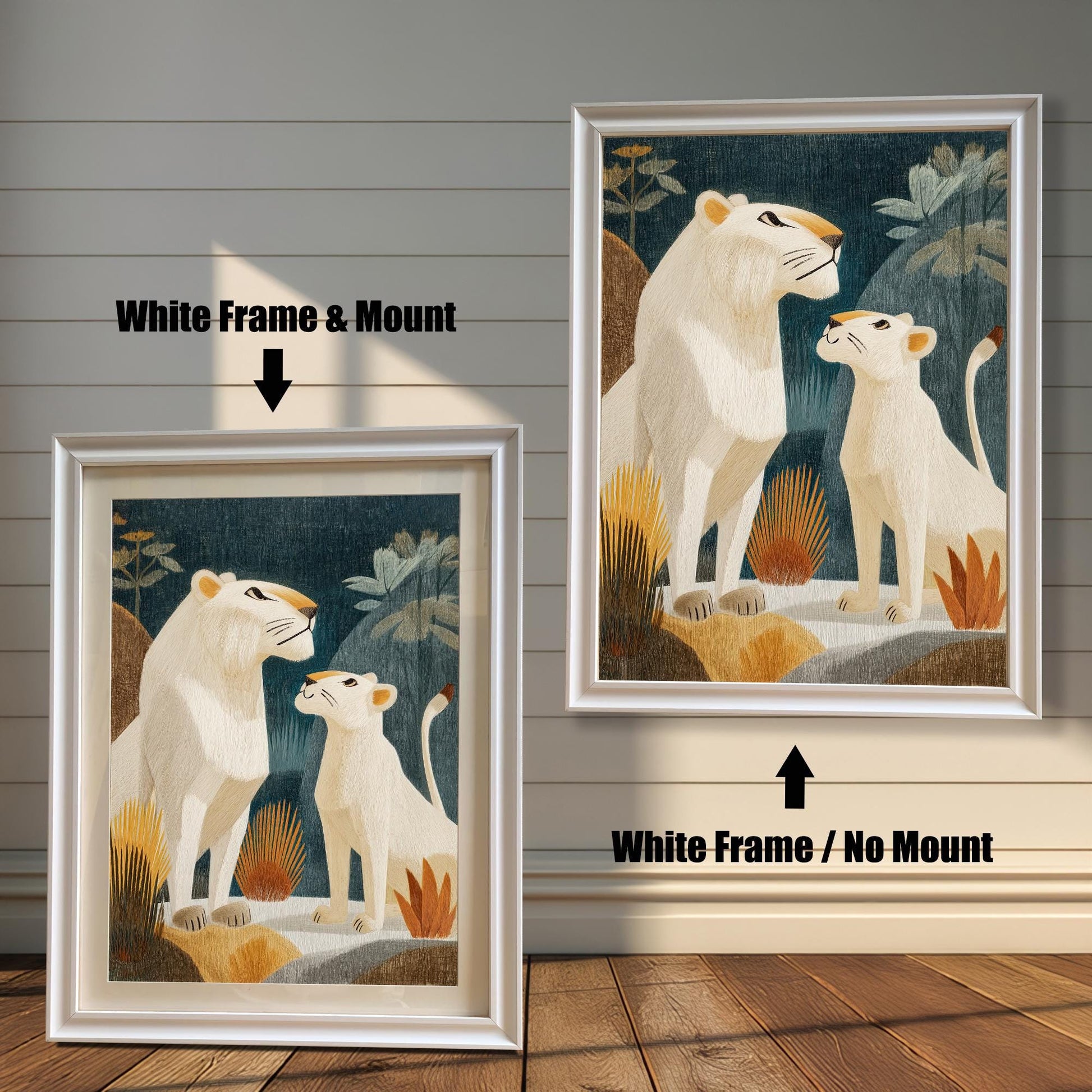 Two versions of the framed lion print against a distressed white wood background: one on the left in a White Frame & Mount (with a light-colored border), and one on the right in a White Frame / No Mount (without a border).