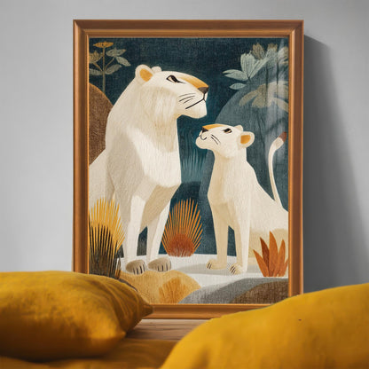 The framed lion print in an Orange/Gold-colored frame with a mount, leaning on a surface in front of a gray wall. The foreground is partially obscured by two large, soft yellow pillows.