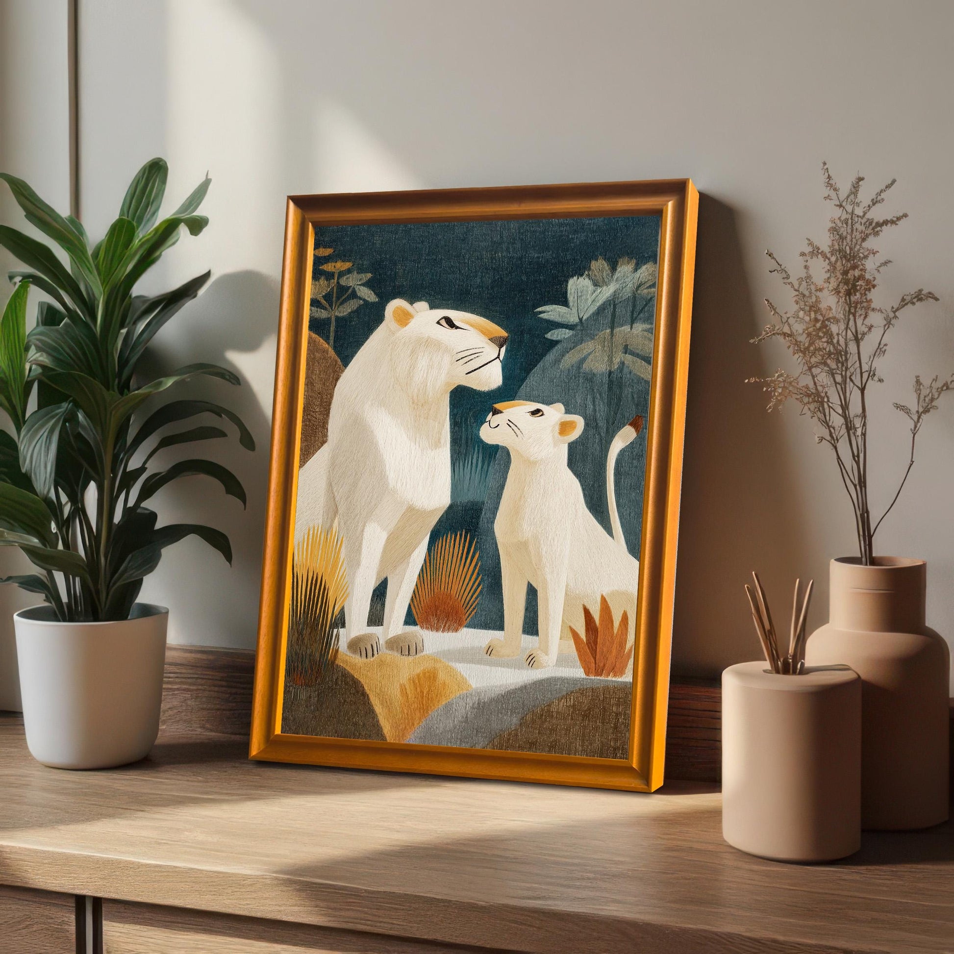 The framed lion print in an Orange/Gold-colored frame with a mount, sitting on a wooden cabinet next to a large green potted plant and decorative vases.