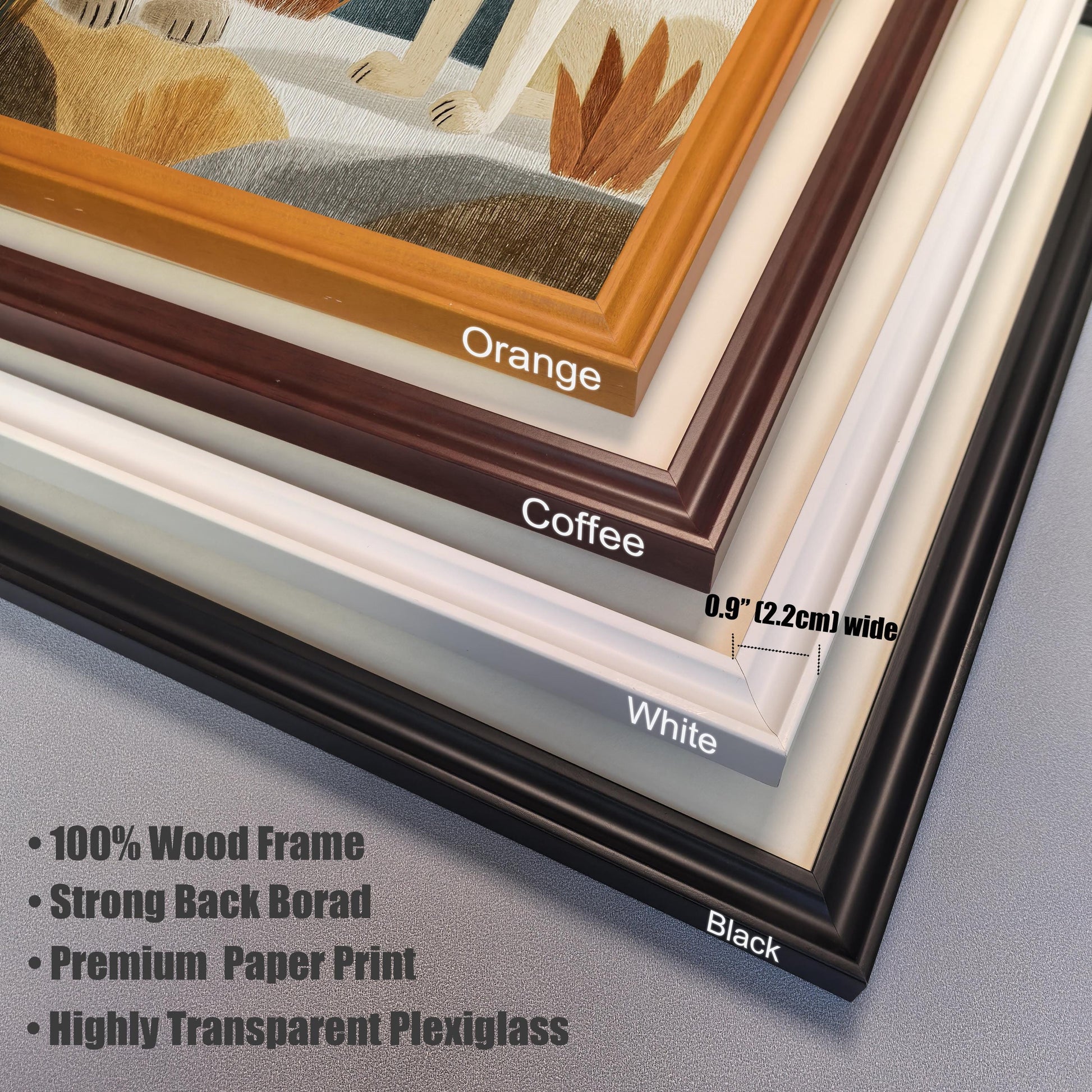 A close-up showing corner samples of four frame color options for the art: Orange, Coffee (dark brown), White, and Black. Text notes the frame is 0.9" (2.2cm) wide and details include 100% Wood Frame, Strong Back Board, Premium Paper Print, and Highly Transparent Plexiglass.