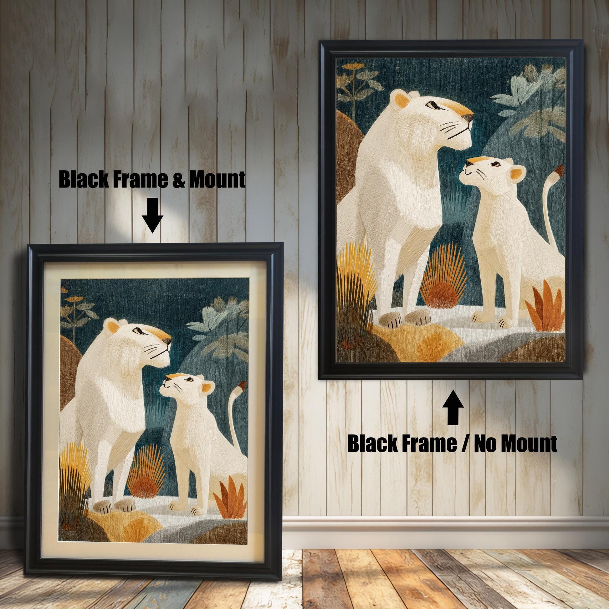 Two versions of the framed lion print against a distressed white wood background: one on the left in a Black Frame & Mount (with a light-colored border), and one on the right in a Black Frame / No Mount (without a border).