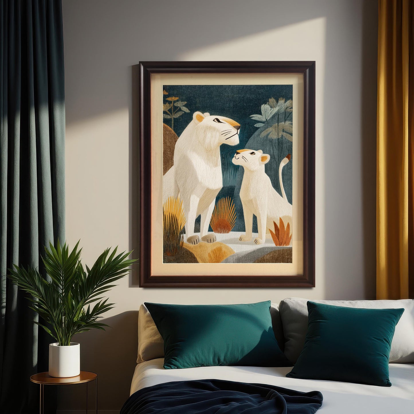 A framed print of a white lioness and cub with an embroidery-style texture, hanging on a wall above a bed. The art is in a dark brown (Coffee) frame with a mount and is flanked by teal and mustard curtains.