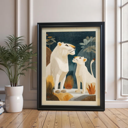 A framed print of a white lioness and cub with an embroidery-style texture, set against a dark jungle background. The Black framed art is leaning on a wooden floor next to a white potted plant and a window.