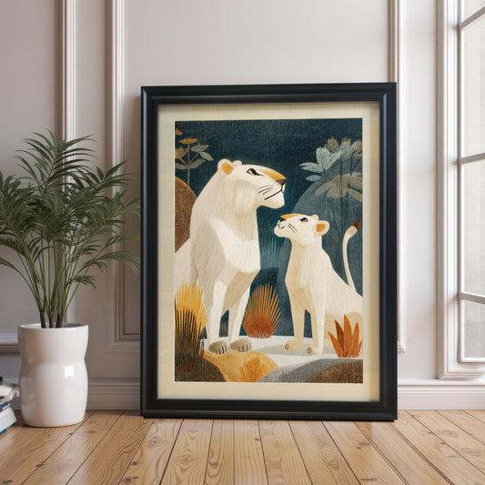 A framed print of a white lioness and cub with an embroidery-style texture, set against a dark jungle background. The Black framed art is leaning on a wooden floor next to a white potted plant and a window.