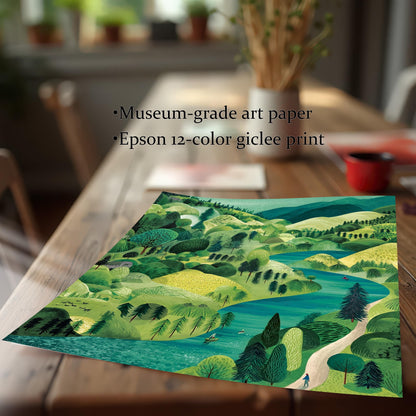 The unframed landscape illustration lying on a wooden table. Text highlights the print quality: "Museum-grade art paper" and "Epson 12-color giclee print."