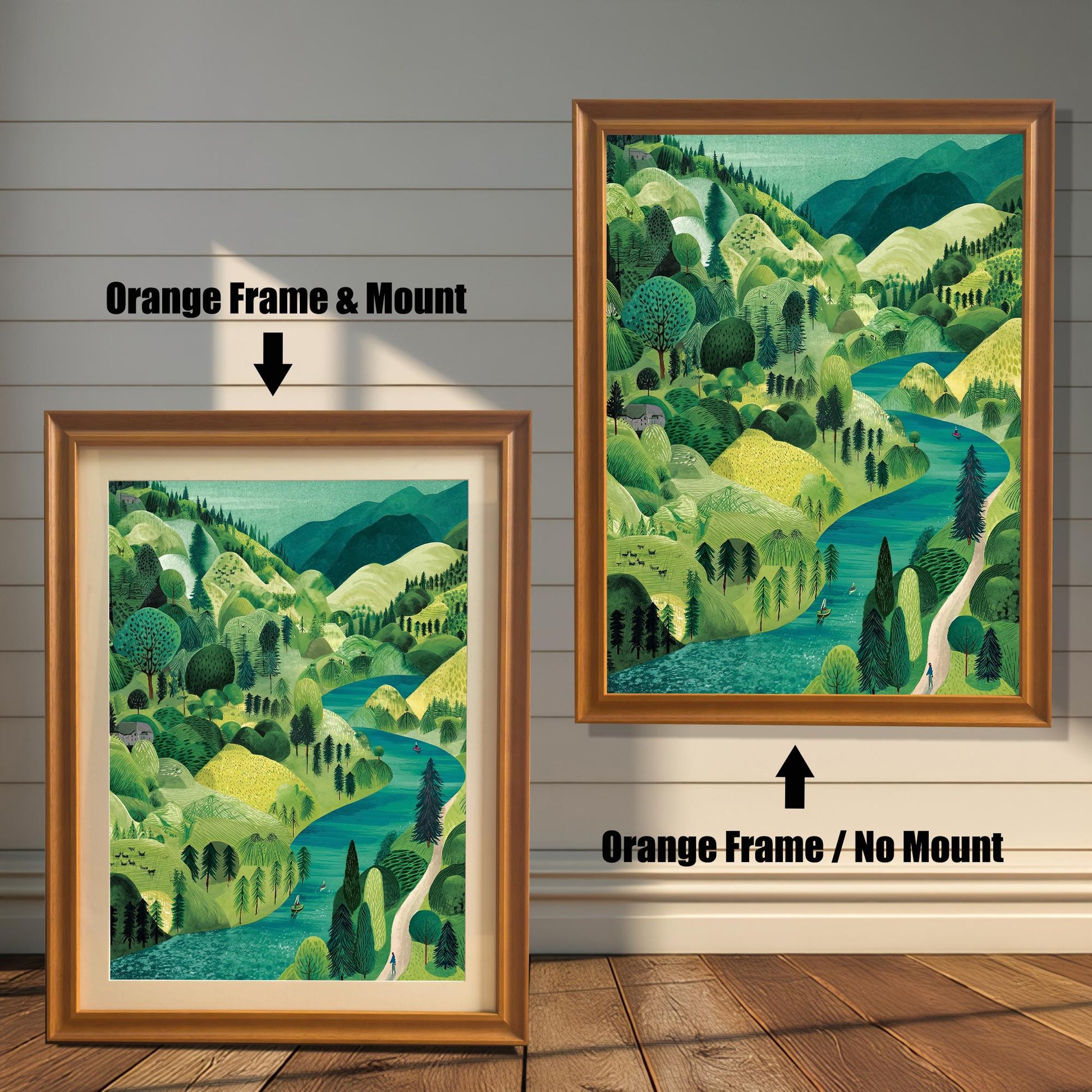 Two versions of the framed landscape print against a distressed white wood background: one on the left in an Orange Frame & Mount (with a light-colored border), and one on the right in an Orange Frame / No Mount (without a border).