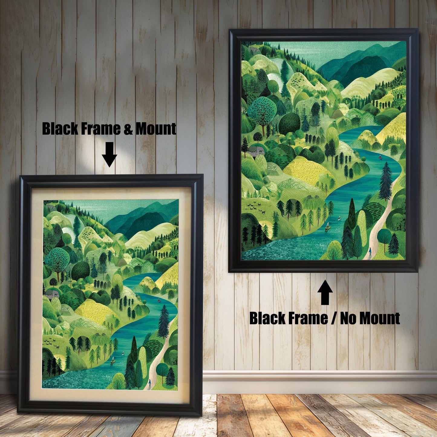 Two versions of the framed landscape print against a distressed white wood background: one on the left in a Black Frame & Mount (with a light-colored border), and one on the right in a Black Frame / No Mount (without a border).