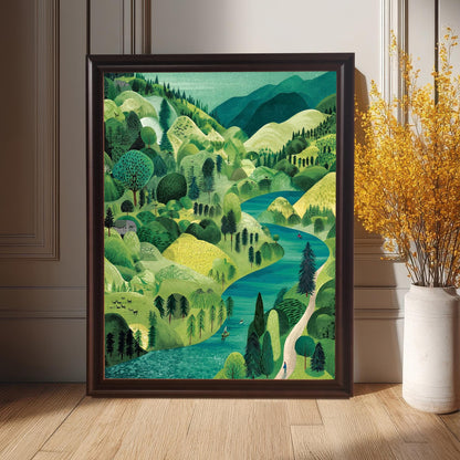 The framed landscape illustration in a dark brown (Coffee) frame, leaning on a wooden floor against a paneled gray wall, positioned next to a tall white vase holding a large bouquet of vibrant yellow dried flowers.