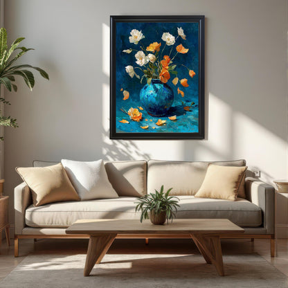 A framed oil painting featuring white and orange flowers in a bright blue vase against a dark blue background, hanging above a neutral-colored sofa and wooden coffee table in a sunlit living room.