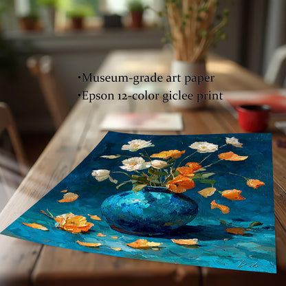 The unframed floral oil painting print, with visible impasto texture, lying on a wooden table. Text highlights the print quality: "Museum-grade art paper" and "Epson 12-color giclee print."