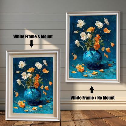 Two versions of the framed oil painting against a distressed white wood background: one on the left in a White Frame & Mount (with a light-colored border), and one on the right in a White Frame / No Mount (without a border).