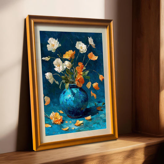 The framed floral oil painting in an Orange/Gold-colored frame with a mount, leaning on a sunlit wooden windowsill.