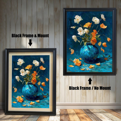 Two versions of the framed oil painting against a distressed white wood background: one on the left in a Black Frame & Mount (with a light-colored border), and one on the right in a Black Frame / No Mount (without a border).