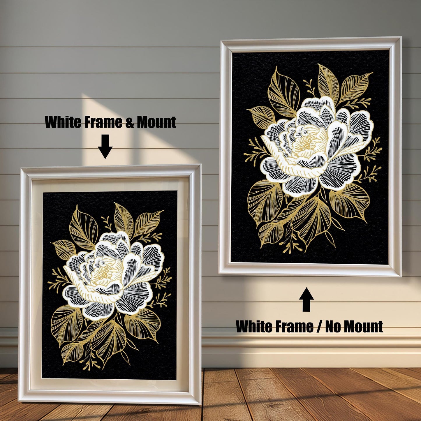 Two versions of the framed floral print against a distressed white wood background: one on the left in a White Frame & Mount (with a light-colored border), and one on the right in a White Frame / No Mount (without a border).
