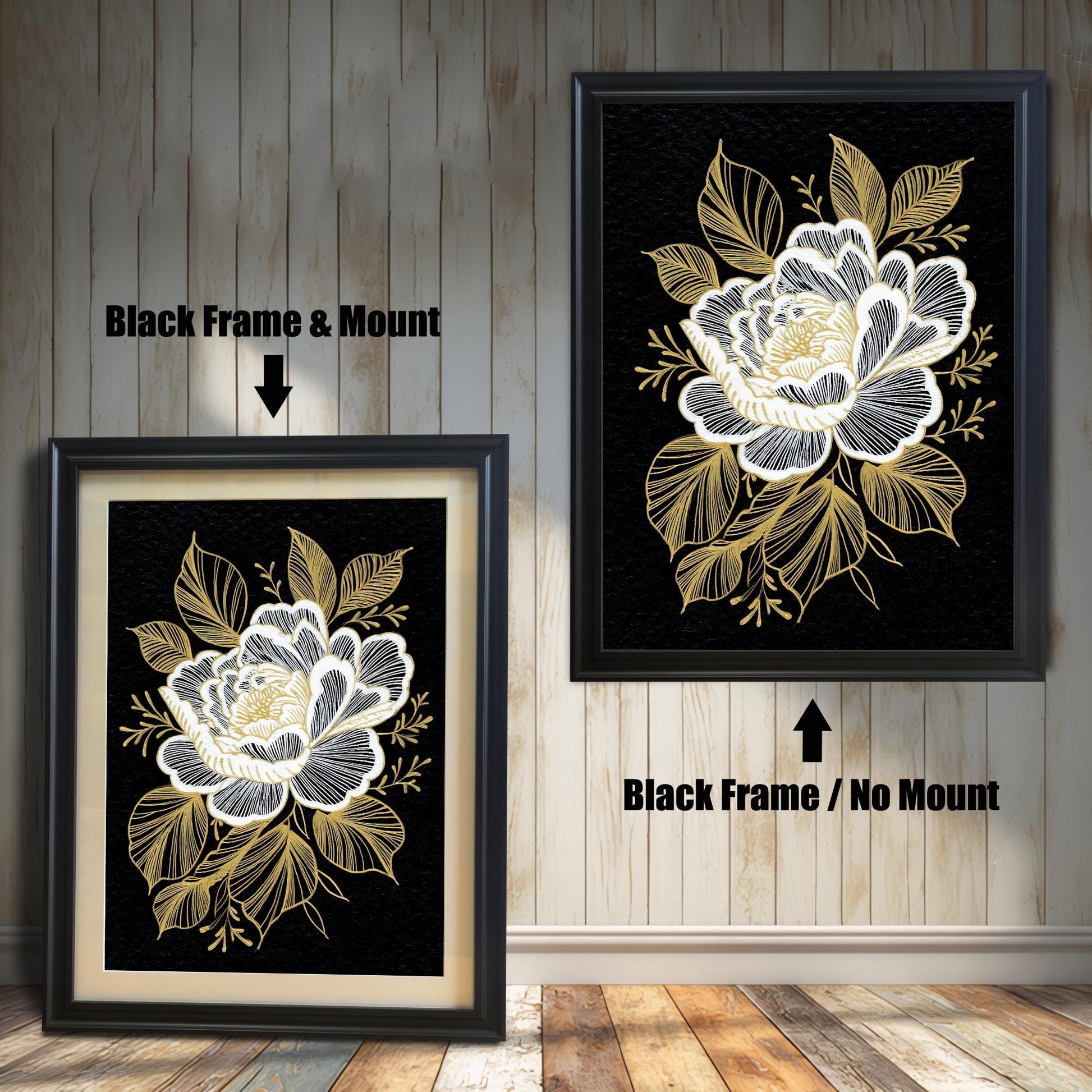 Two versions of the framed floral print against a distressed white wood background: one on the left in a Black Frame & Mount (with a light-colored border), and one on the right in a Black Frame / No Mount (without a border).