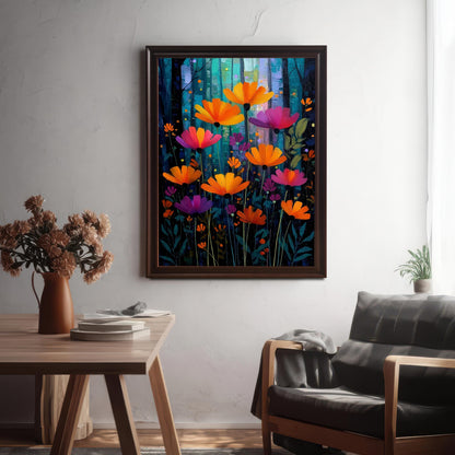 The vibrant painting of orange and magenta flowers, framed in a Coffee (dark brown) frame, hanging on a textured white wall above a wooden table and a dark leather armchair.