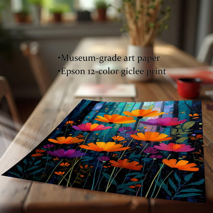 The print of the orange and magenta floral painting lying on a rustic wooden table. Text lists product quality points: Museum-grade art paper and Epson 12-color giclee print.