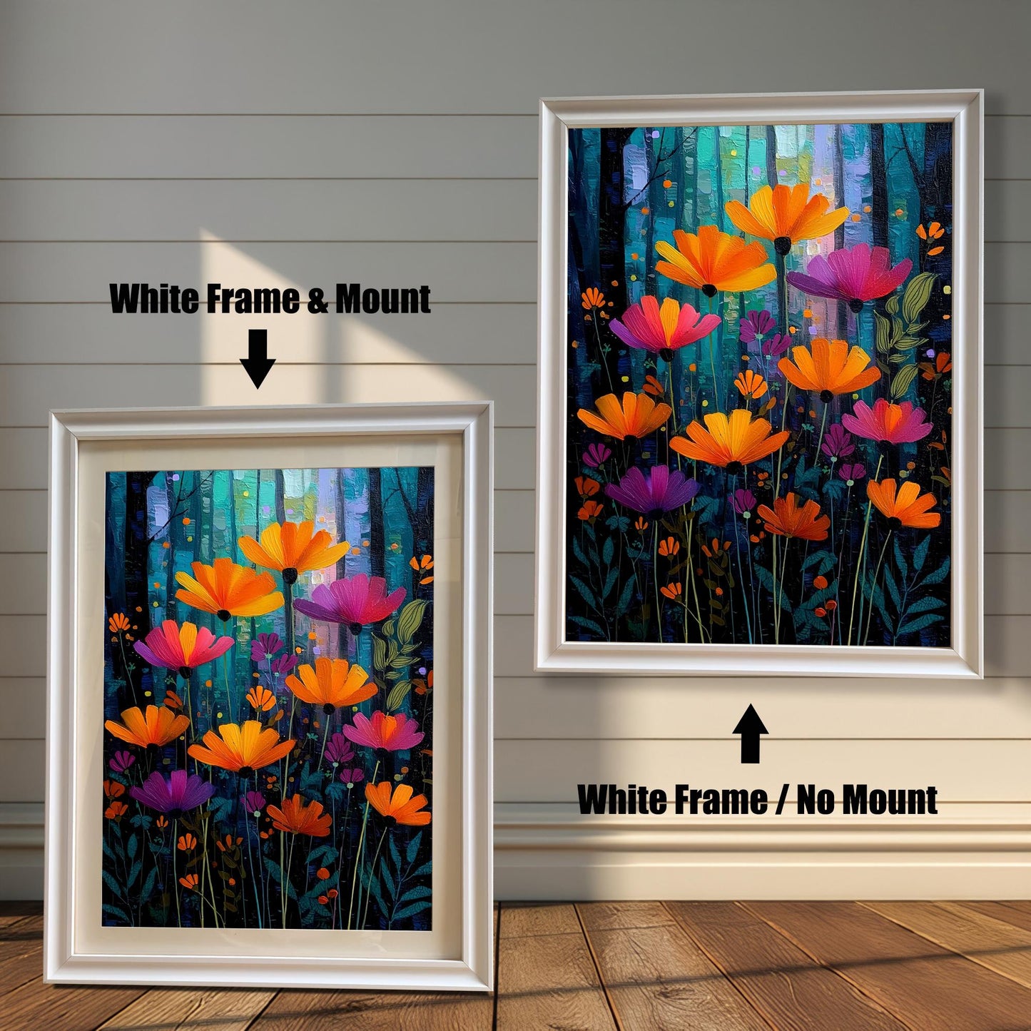 A vibrant, stylized painting of orange and magenta flowers against a dark blue and turquoise forest background, shown in a White wood frame. The smaller image (left) includes a mount (mat), and the larger image (right) is framed without a mount.