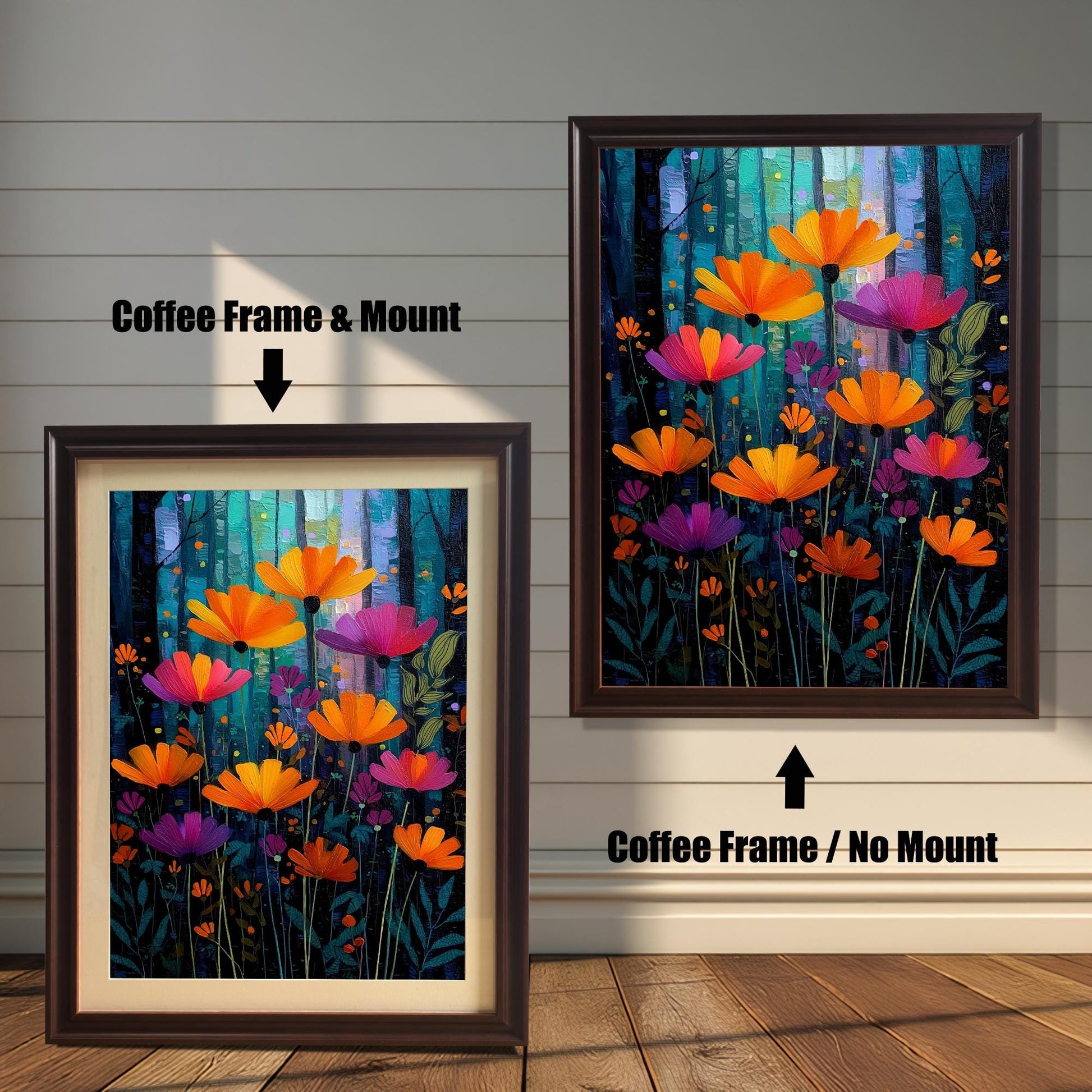 A vibrant, stylized painting of orange and magenta flowers against a dark blue and turquoise forest background, shown in a Coffee (dark brown) wood frame. The smaller image (left) includes a mount (mat), and the larger image (right) is framed without a mount.