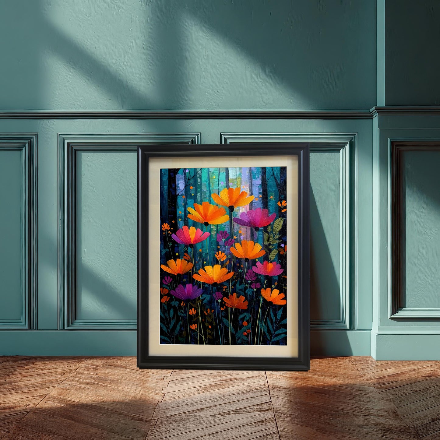 A vibrant, stylized painting of orange and magenta flowers against a dark blue and turquoise forest background, framed in a Black frame with a mount, leaning on a hardwood floor against a decorative dark green paneled wall.