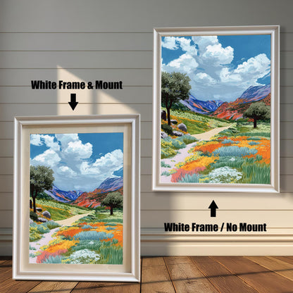 A colorful painting of a path through a valley of orange and yellow wildflowers, shown in a White wood frame. The smaller image (left) includes a mount (mat), and the larger image (right) is framed without a mount.