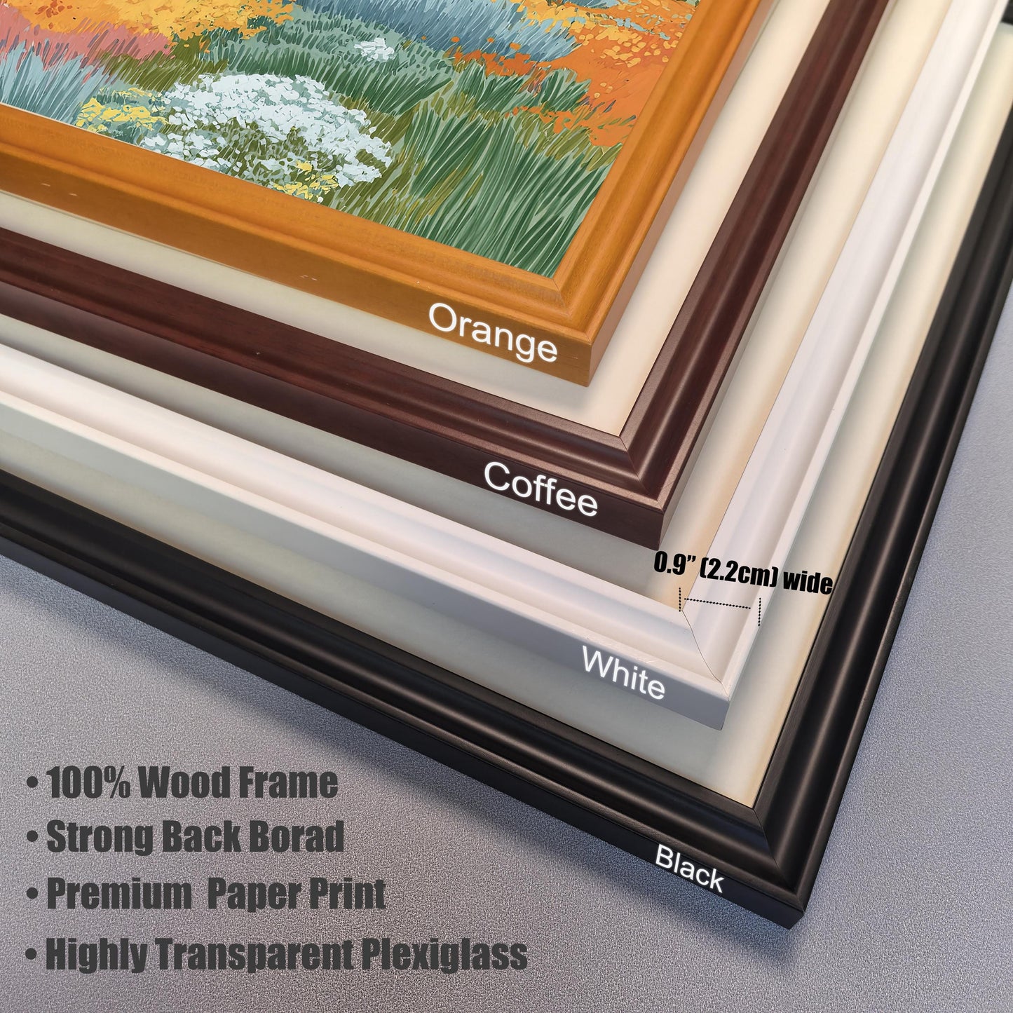 A close-up, stacked view of four different frame color corners for the landscape print: Orange, Coffee, White, and Black. The frame width is labeled as 0.9 ′′ (2.2cm) wide. Text lists frame features: 100% Wood Frame, Strong Back Borad, Premium Paper Print, and Highly Transparent Plexiglass.