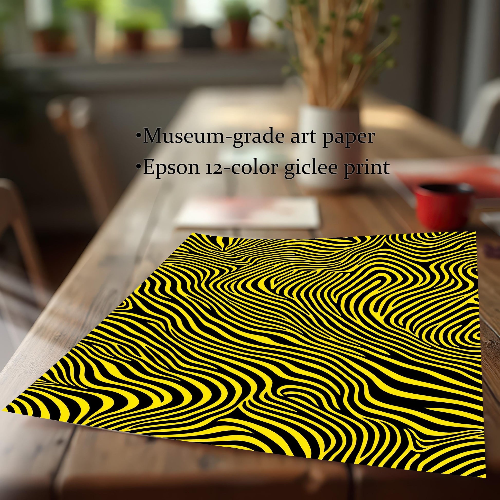 The yellow and black striped art print lying on a rustic wooden table. Text lists product quality points: Museum-grade art paper and Epson 12-color giclee print.