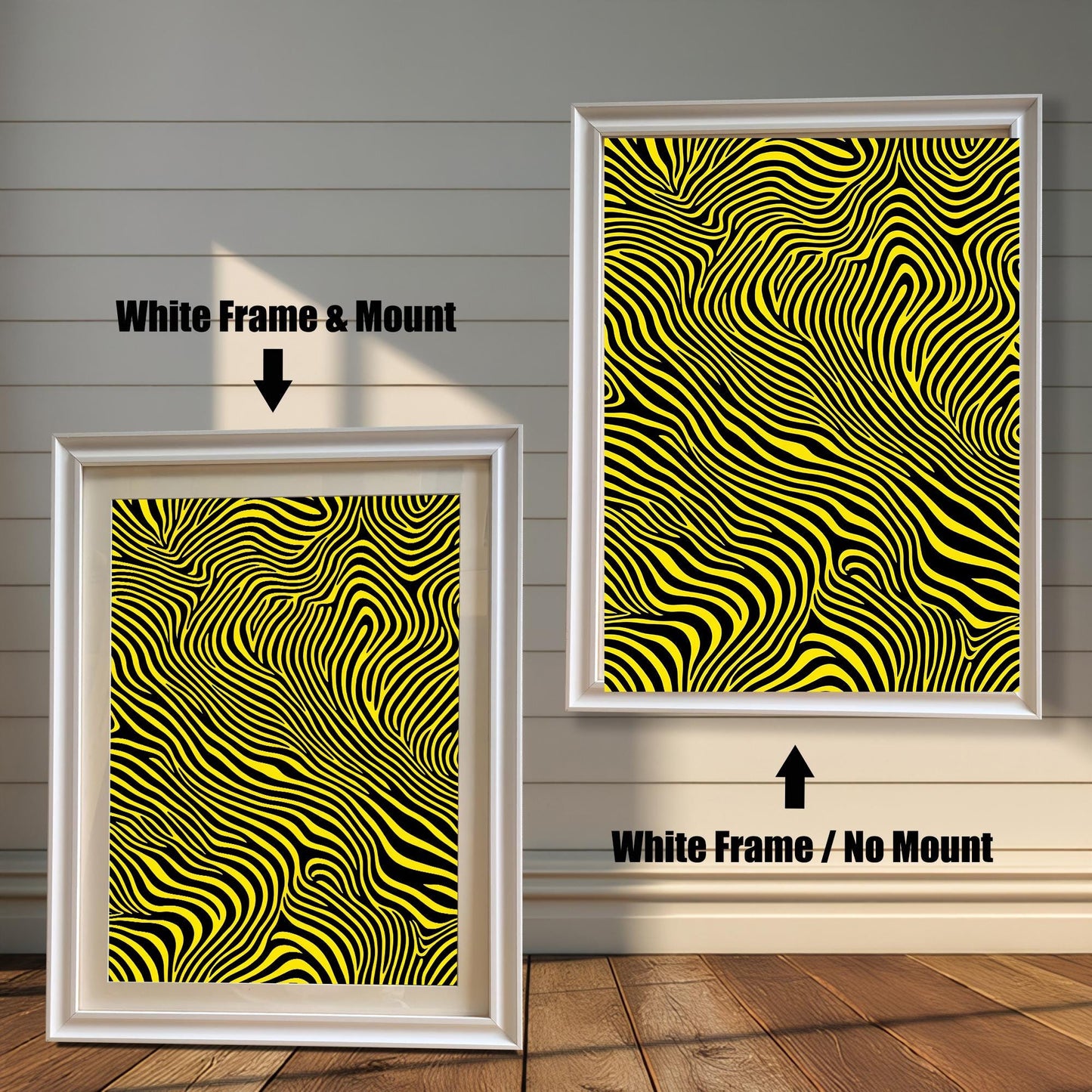 An abstract art print with wavy yellow and black stripes shown in a White wood frame. The smaller image (left) includes a mount (mat), and the larger image (right) is framed without a mount.